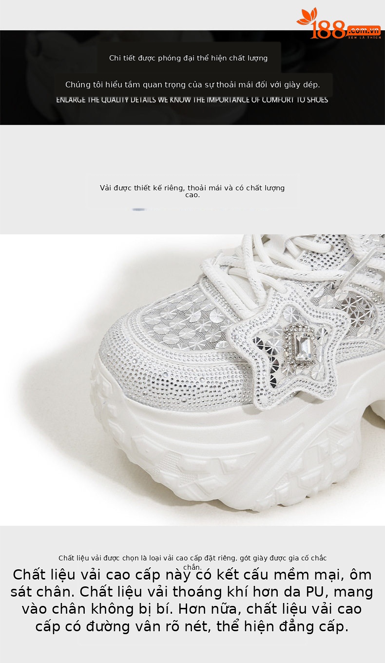 Giày sneaker nữ đế dày tăng chiều cao lưới thoáng khí dây buộc — Trắng, Bạc chi tiết 6