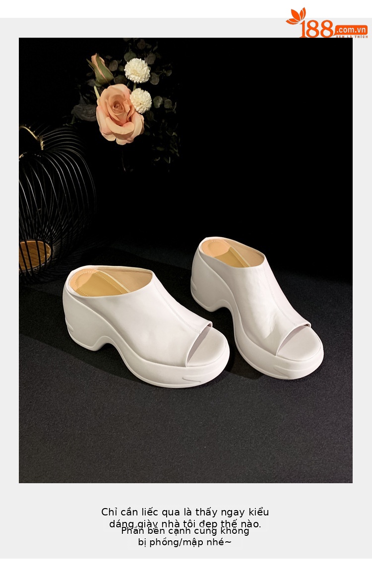 Dép sandal nữ quai chữ V da bò thật đế dày tăng chiều cao — màu đen, Trắng kem- chi tiết 5
