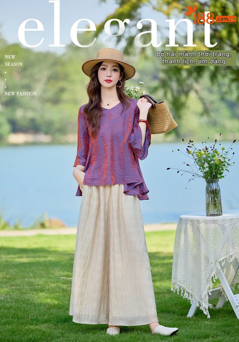 Bộ vest nữ hai mảnh gồm áo sơ mi cổ V và quần ống rộng dáng suông — Màu ảnh chi tiết 1