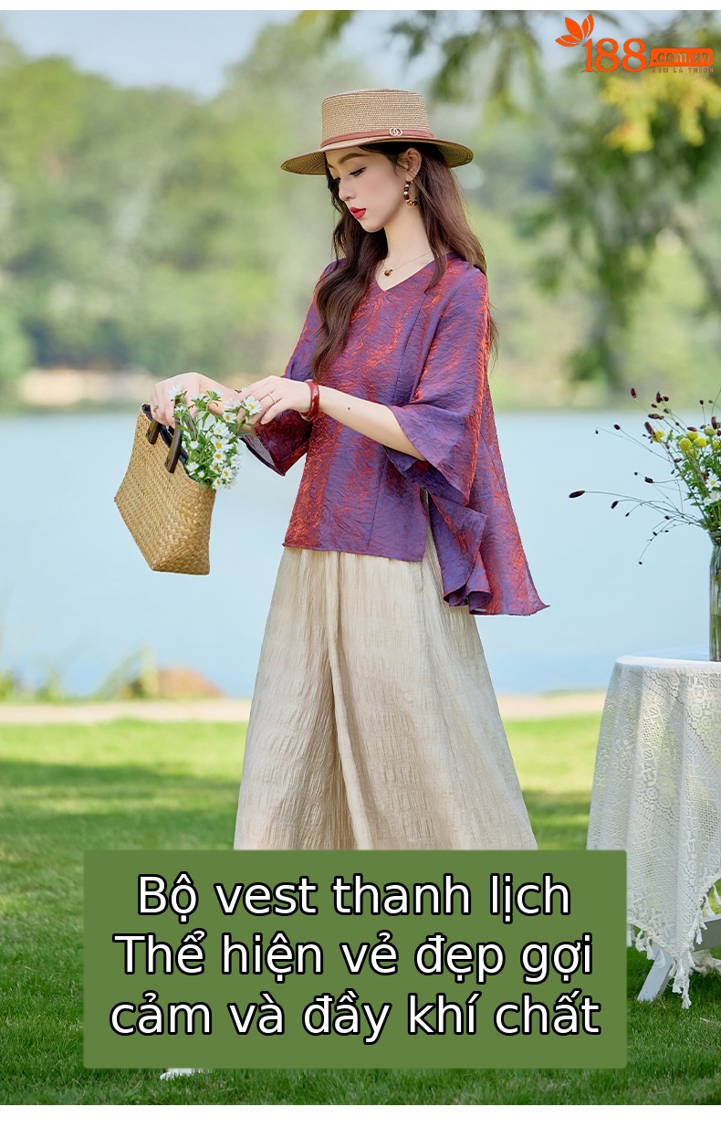 Bộ vest nữ hai mảnh gồm áo sơ mi cổ V và quần ống rộng dáng suông — Màu ảnh chi tiết 6