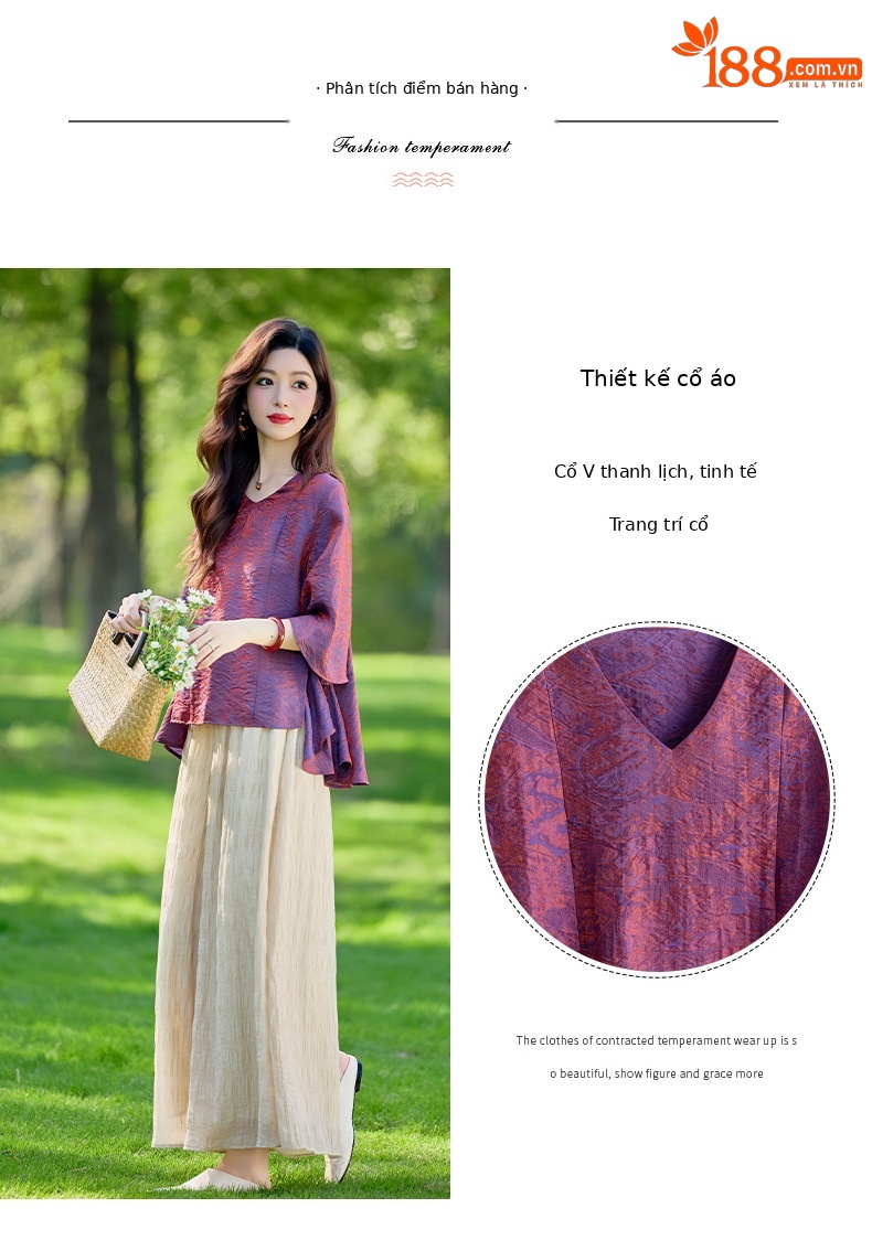 Bộ vest nữ hai mảnh gồm áo sơ mi cổ V và quần ống rộng dáng suông — Màu ảnh chi tiết 7