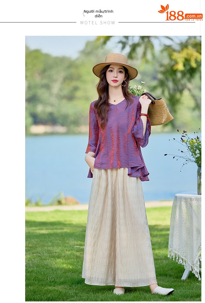 Bộ vest nữ hai mảnh gồm áo sơ mi cổ V và quần ống rộng dáng suông — Màu ảnh chi tiết 12