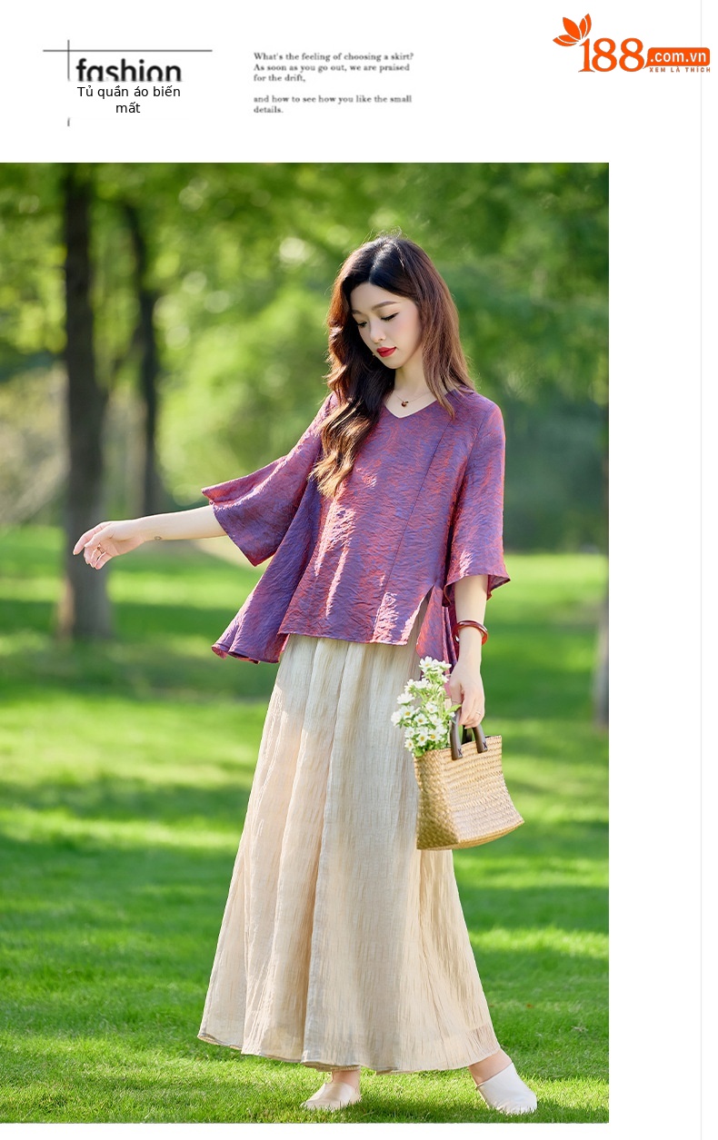 Bộ vest nữ hai mảnh gồm áo sơ mi cổ V và quần ống rộng dáng suông — Màu ảnh chi tiết 21