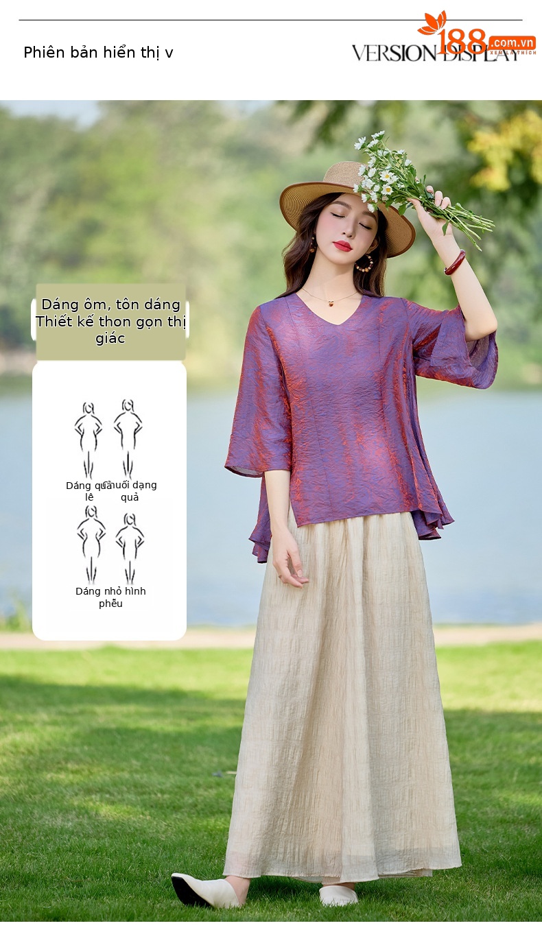 Bộ vest nữ hai mảnh gồm áo sơ mi cổ V và quần ống rộng dáng suông — Màu ảnh chi tiết 10