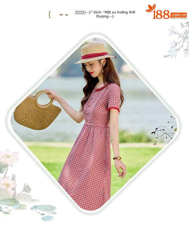 Đầm maxi nữ thắt eo cổ tròn họa tiết kẻ caro vintage — Màu ảnh chi tiết 2