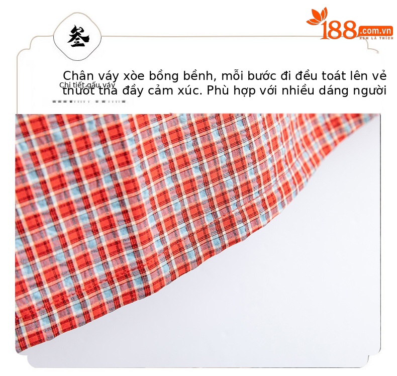 Đầm maxi nữ thắt eo cổ tròn họa tiết kẻ caro vintage — Màu ảnh chi tiết 4