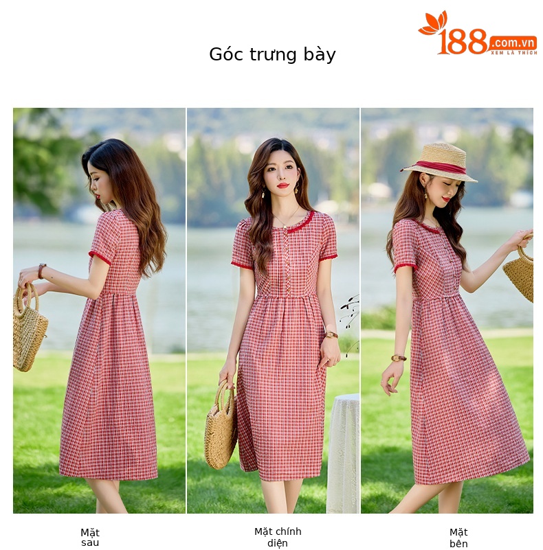 Đầm maxi nữ thắt eo cổ tròn họa tiết kẻ caro vintage — Màu ảnh chi tiết 5