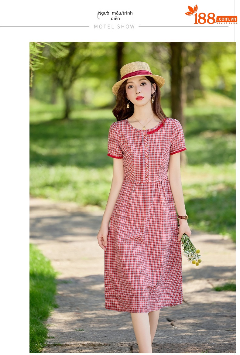Đầm maxi nữ thắt eo cổ tròn họa tiết kẻ caro vintage — Màu ảnh chi tiết 6