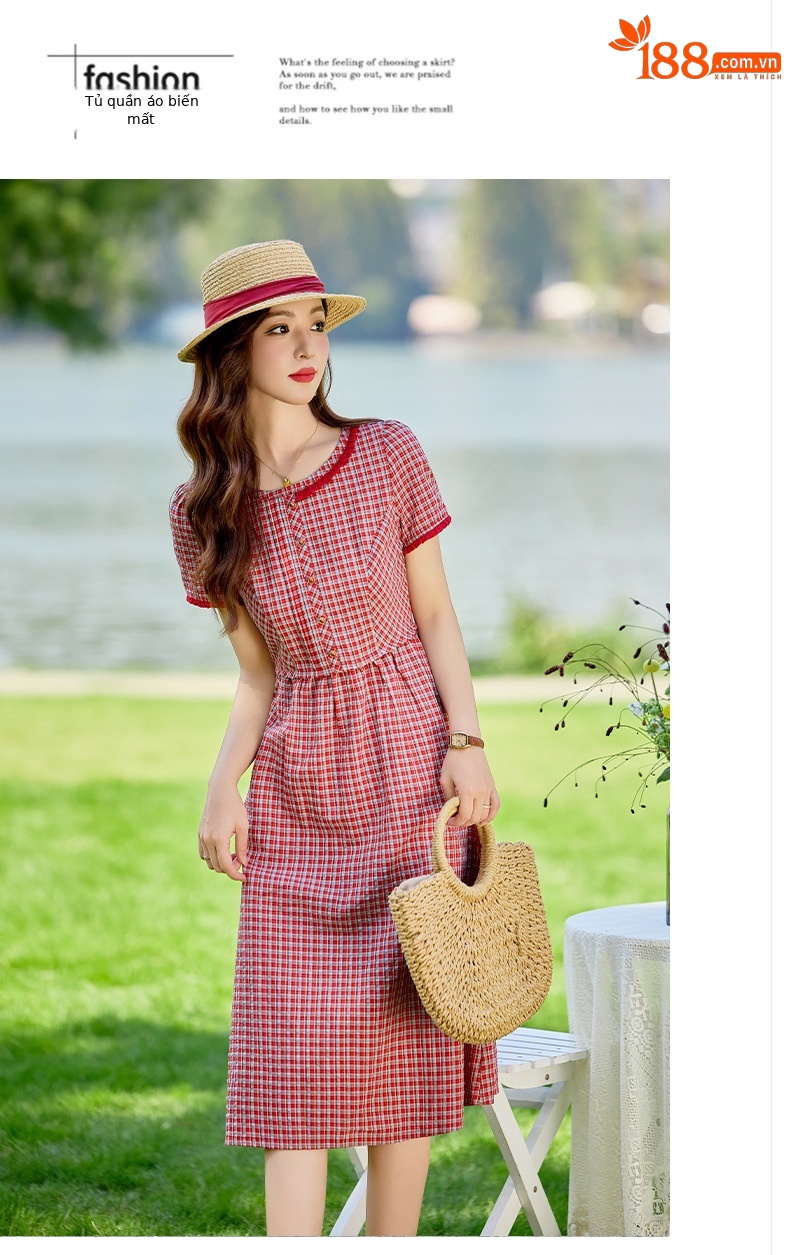Đầm maxi nữ thắt eo cổ tròn họa tiết kẻ caro vintage — Màu ảnh chi tiết 15