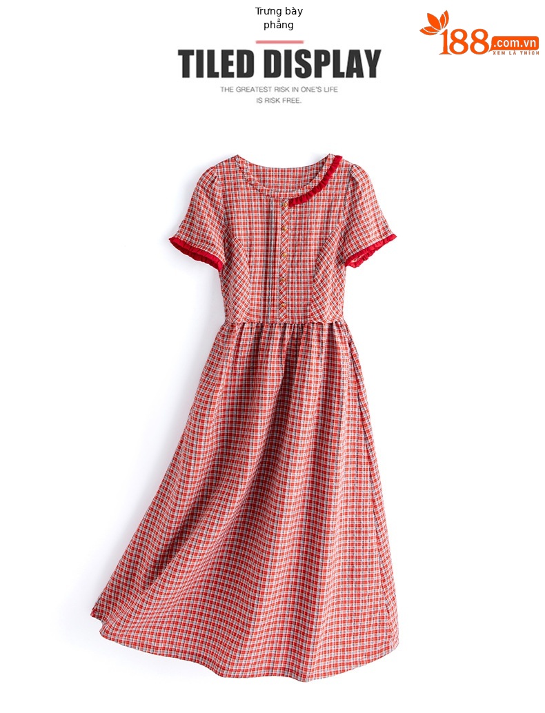Đầm maxi nữ thắt eo cổ tròn họa tiết kẻ caro vintage — Màu ảnh chi tiết 16