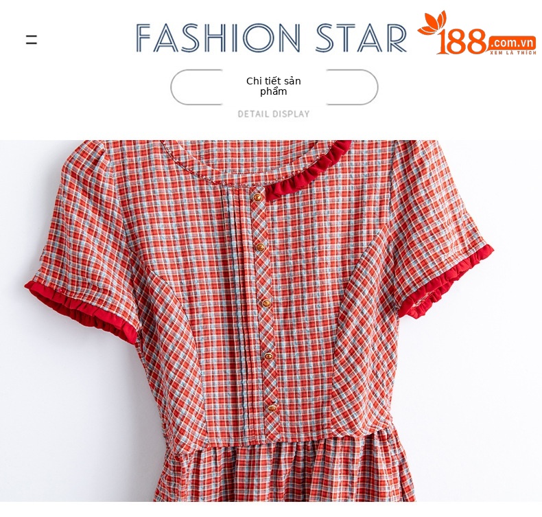 Đầm maxi nữ thắt eo cổ tròn họa tiết kẻ caro vintage — Màu ảnh chi tiết 18