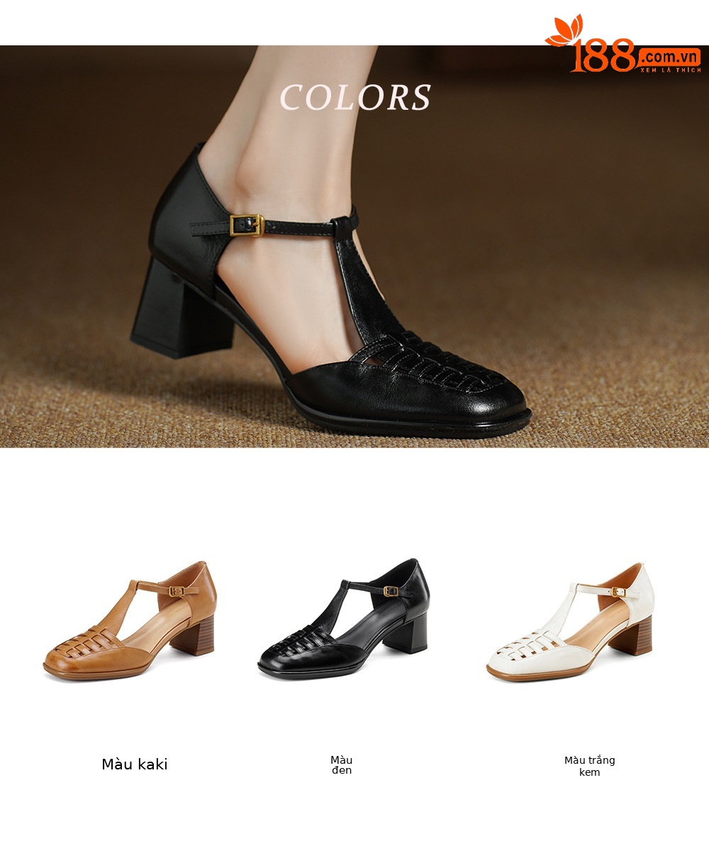 Sandal nữ da bò dệt quai chữ T kiểu La Mã, đế thấp thoáng mát — đen chi tiết 3
