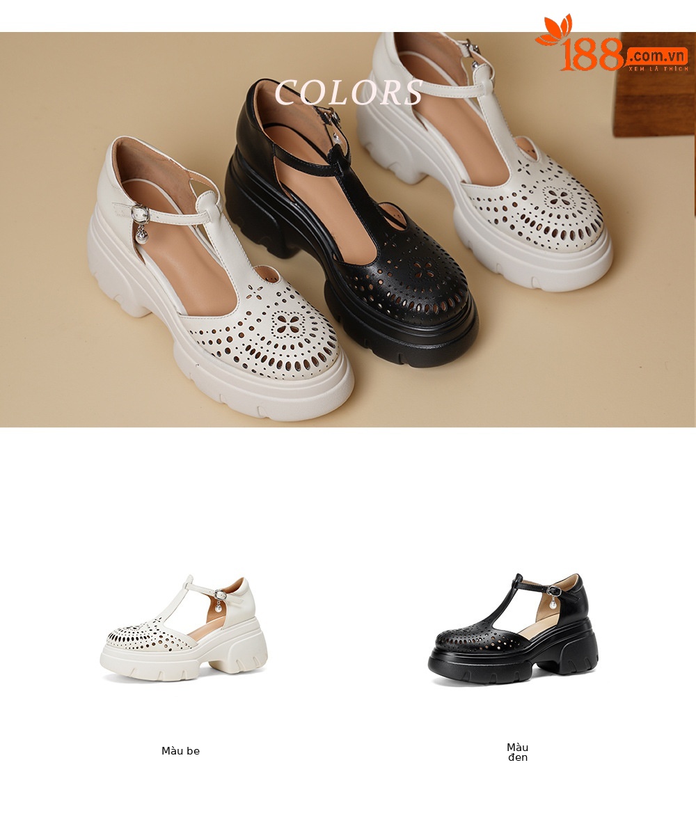 Giày cao gót nữ đế xuồng platform 8 cm, mũi tròn bít, quai chữ T kiểu Mary Jane, họa tiết khoét lỗ thoáng khí — màu đen, màu mơ chi tiết 2