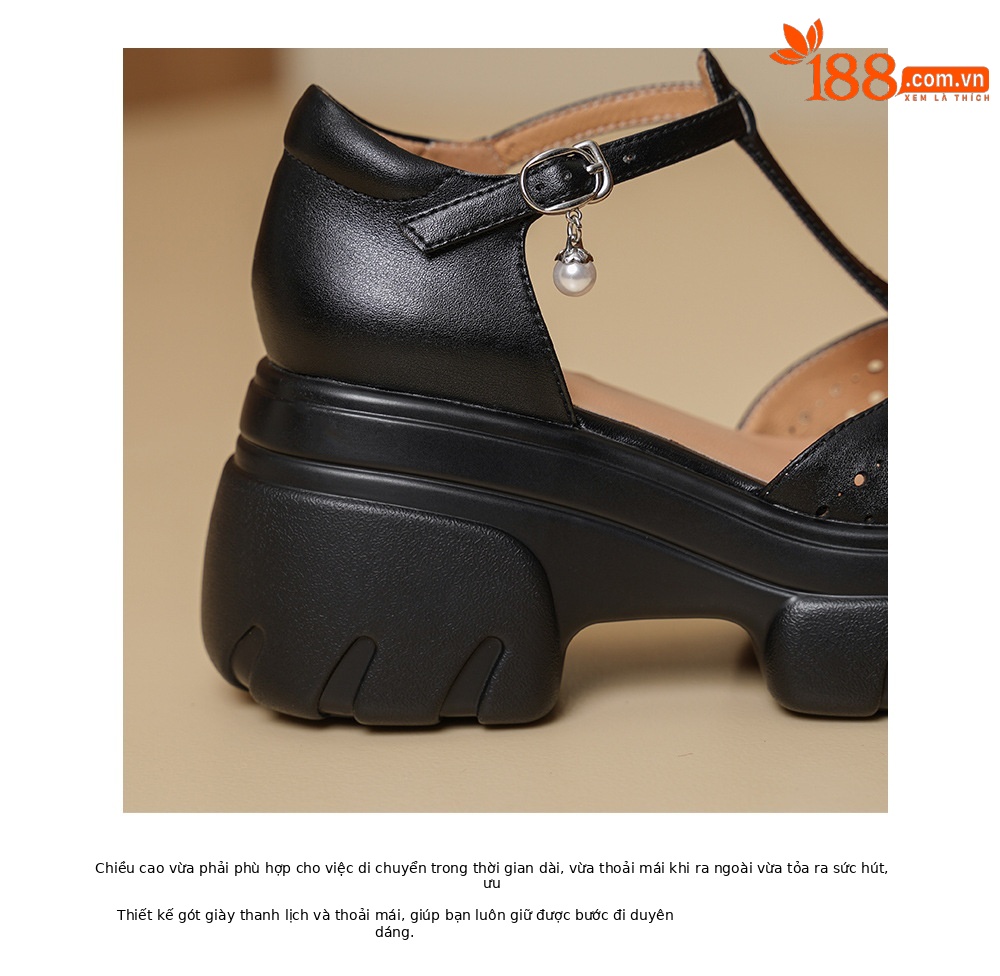 Giày cao gót nữ đế xuồng platform 8 cm, mũi tròn bít, quai chữ T kiểu Mary Jane, họa tiết khoét lỗ thoáng khí — màu đen, màu mơ chi tiết 18