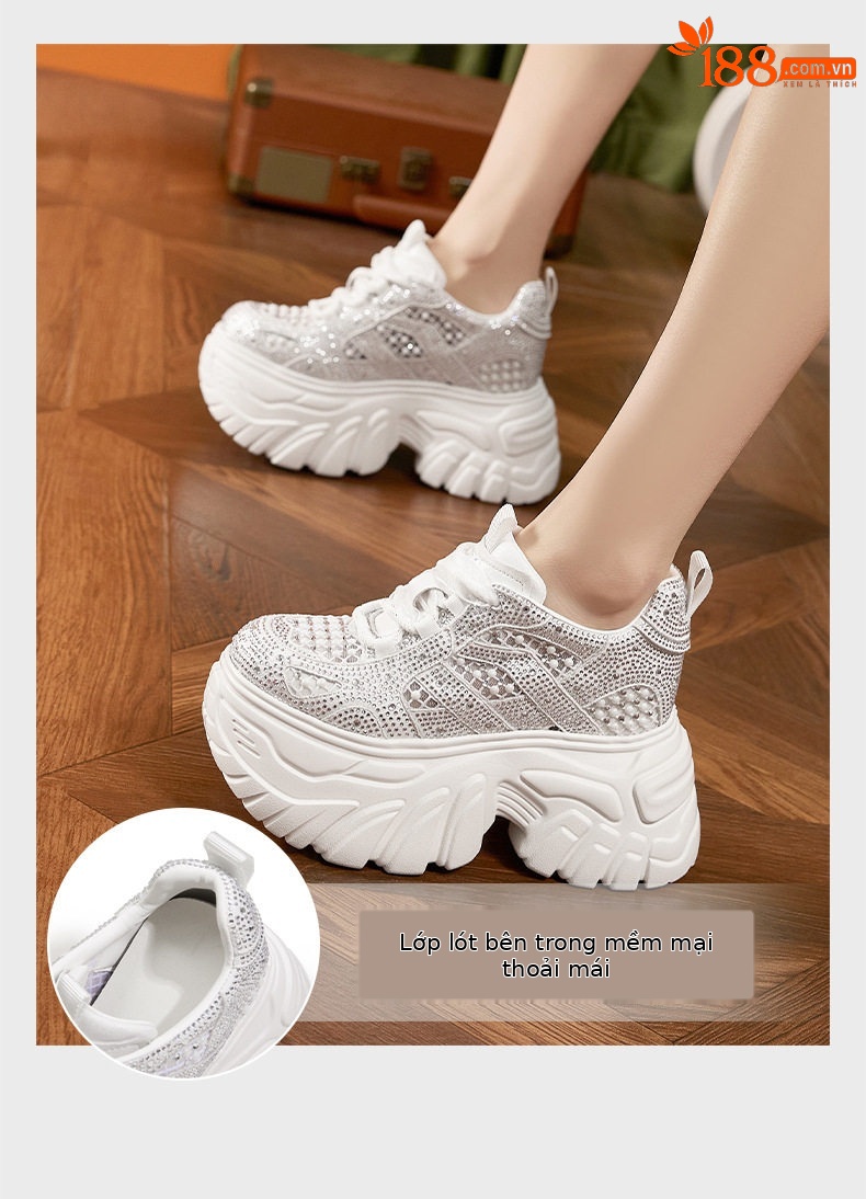 Giày cao gót nữ đế xuồng platform rhinestone lưới thoáng khí, gót siêu cao 8 cm — Bạc, Trắng, Đen chi tiết 5