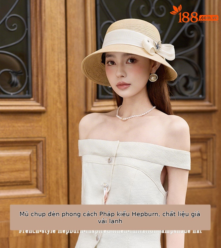 Mũ rơm vành rộng nữ phong cách Nhật, nơ lụa gai lớn, họa tiết bướm đắp, chống nắng mùa hè — màu be chi tiết 1