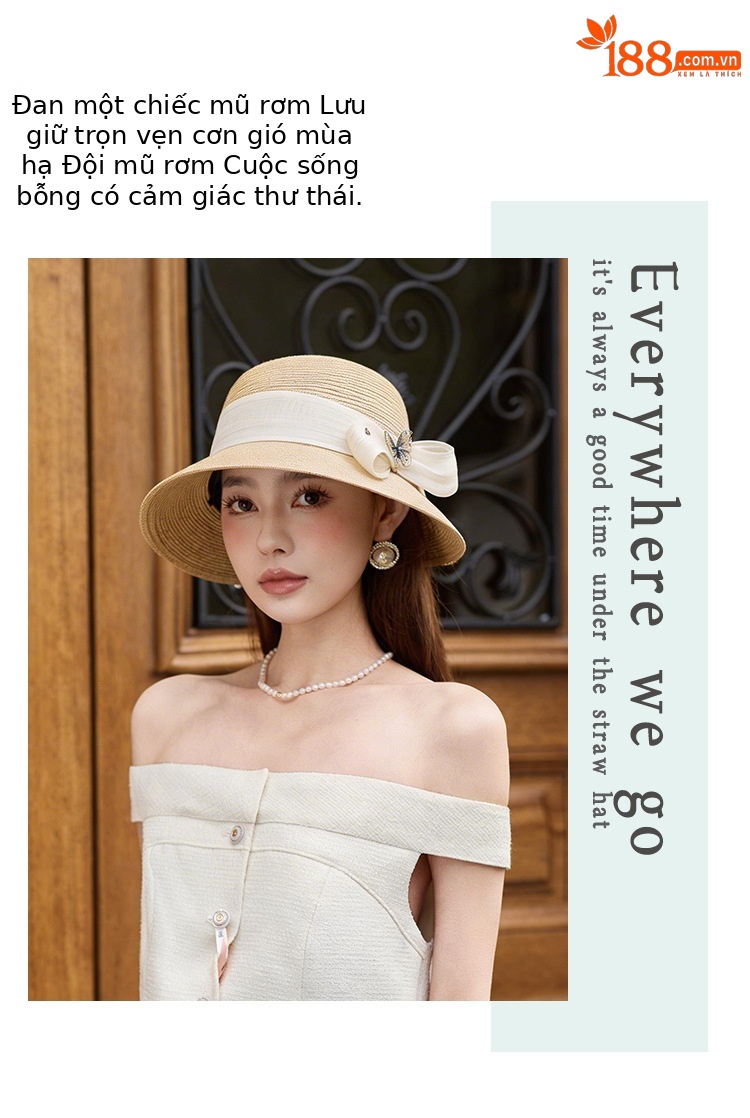 Mũ rơm vành rộng nữ phong cách Nhật, nơ lụa gai lớn, họa tiết bướm đắp, chống nắng mùa hè — màu be chi tiết 5