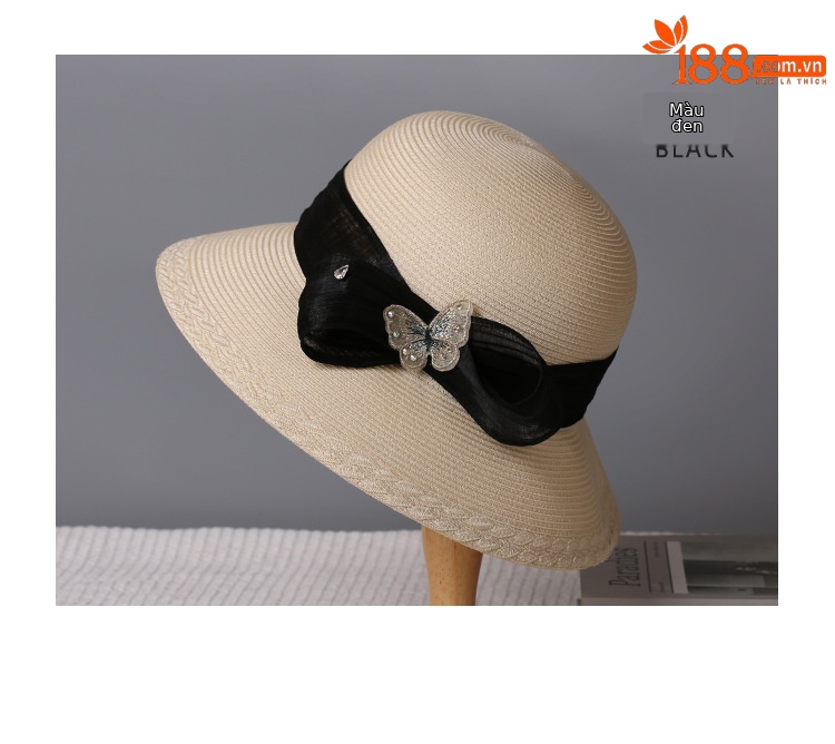 Mũ rơm vành rộng nữ phong cách Nhật, nơ lụa gai lớn, họa tiết bướm đắp, chống nắng mùa hè — màu be chi tiết 9