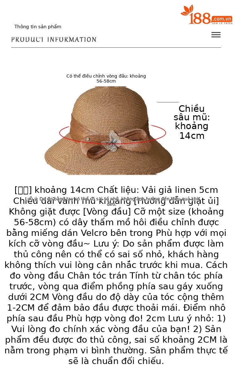 Mũ rơm vành rộng nữ phong cách Nhật, nơ lụa gai lớn, họa tiết bướm đắp, chống nắng mùa hè — màu be chi tiết 2