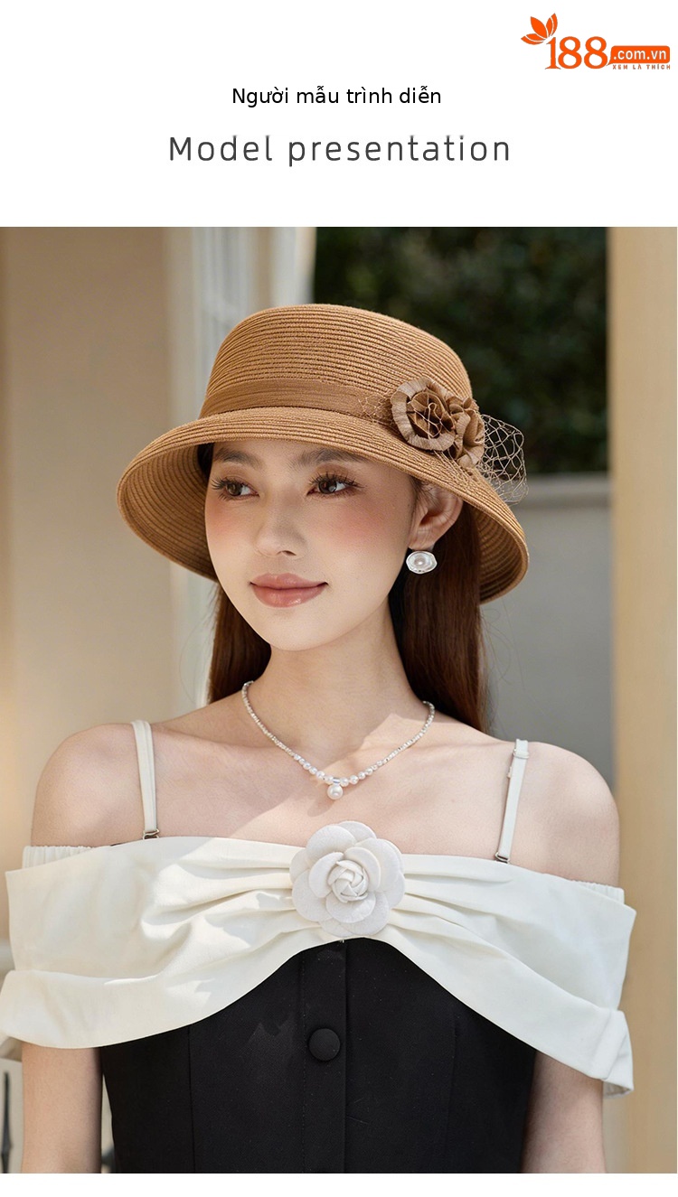 Mũ rộng vành nữ đi biển chất liệu lụa gai hoa nhỏ, chống nắng, kiểu mũ chậu thời trang — màu be chi tiết 4