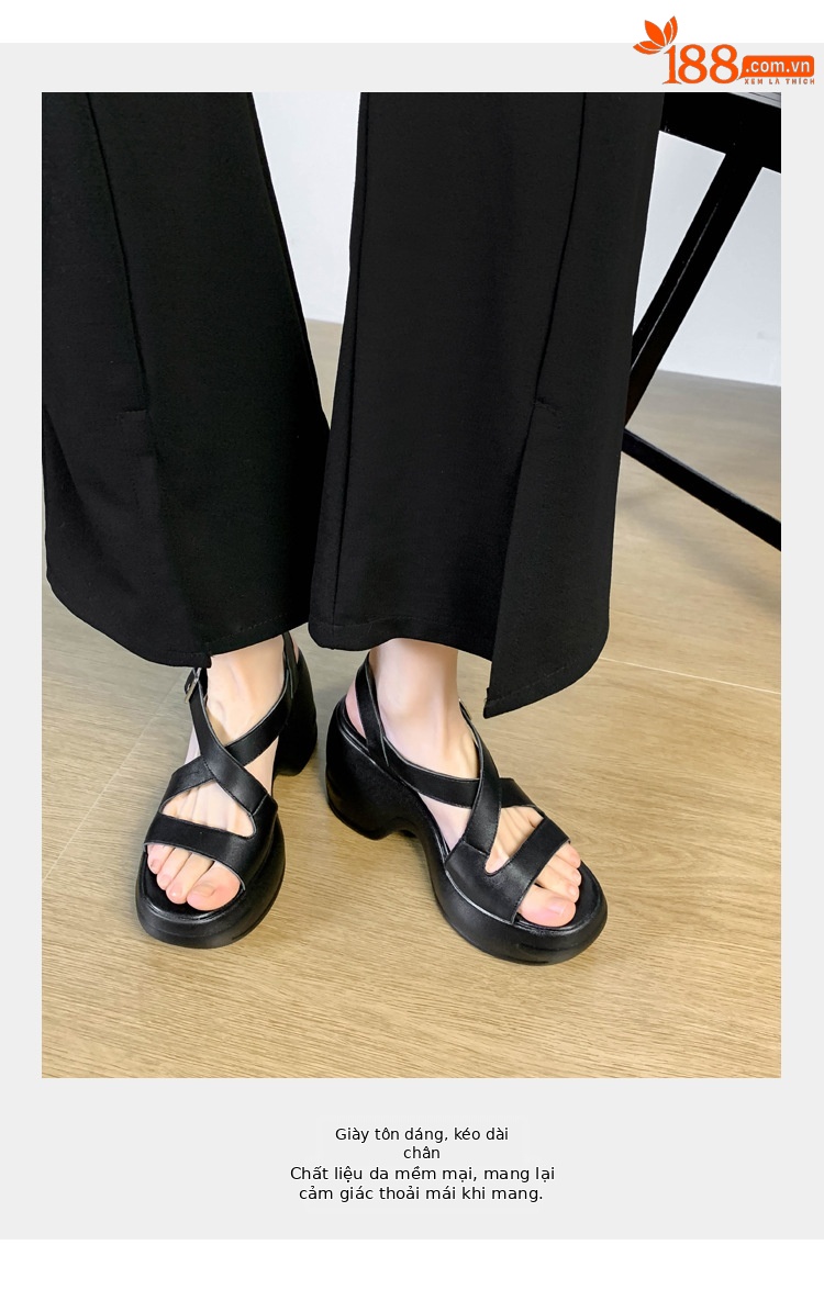 Sandal cao gót nữ hở mũi đế platform tăng chiều cao, da thật, phong cách La Mã — màu đen, màu mơ chi tiết 4
