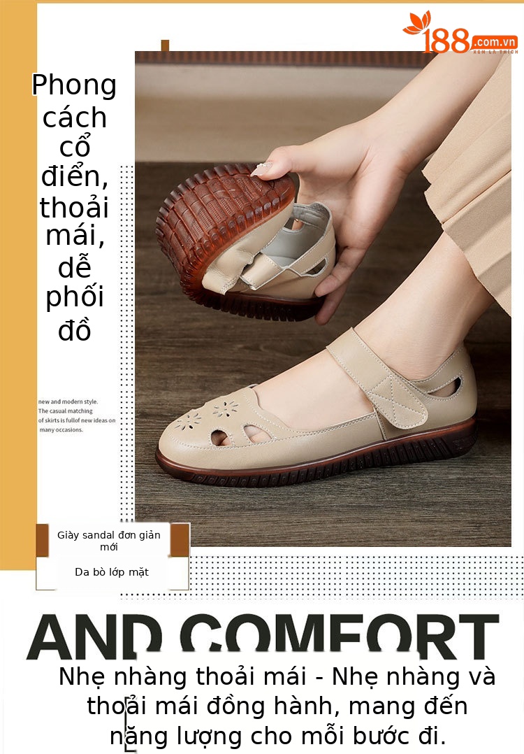 Sandal da thật nữ đế cao su bệt thoáng khí, phong cách thoải mái cho mẹ — màu đen chi tiết 1