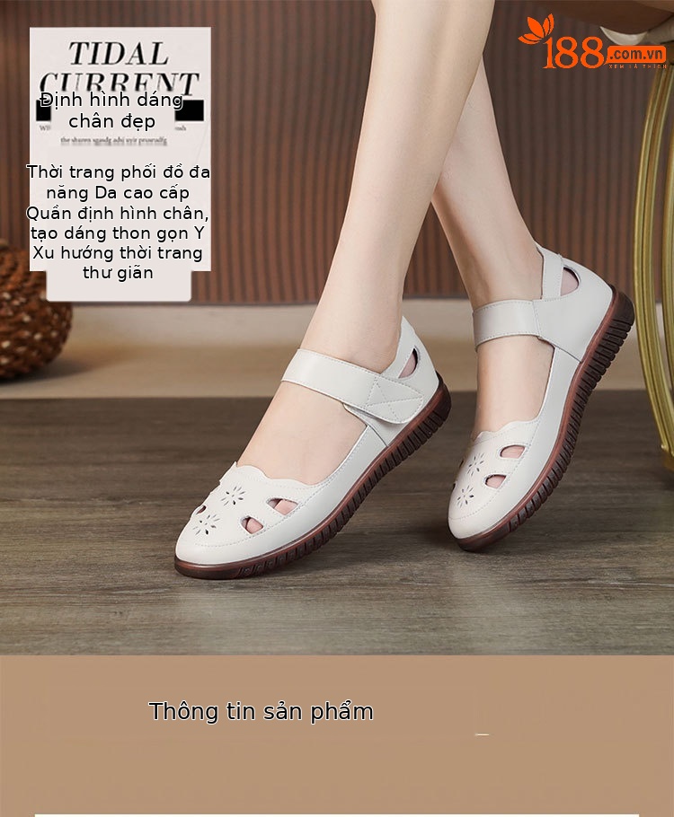 Sandal da thật nữ đế cao su bệt thoáng khí, phong cách thoải mái cho mẹ — màu đen chi tiết 2