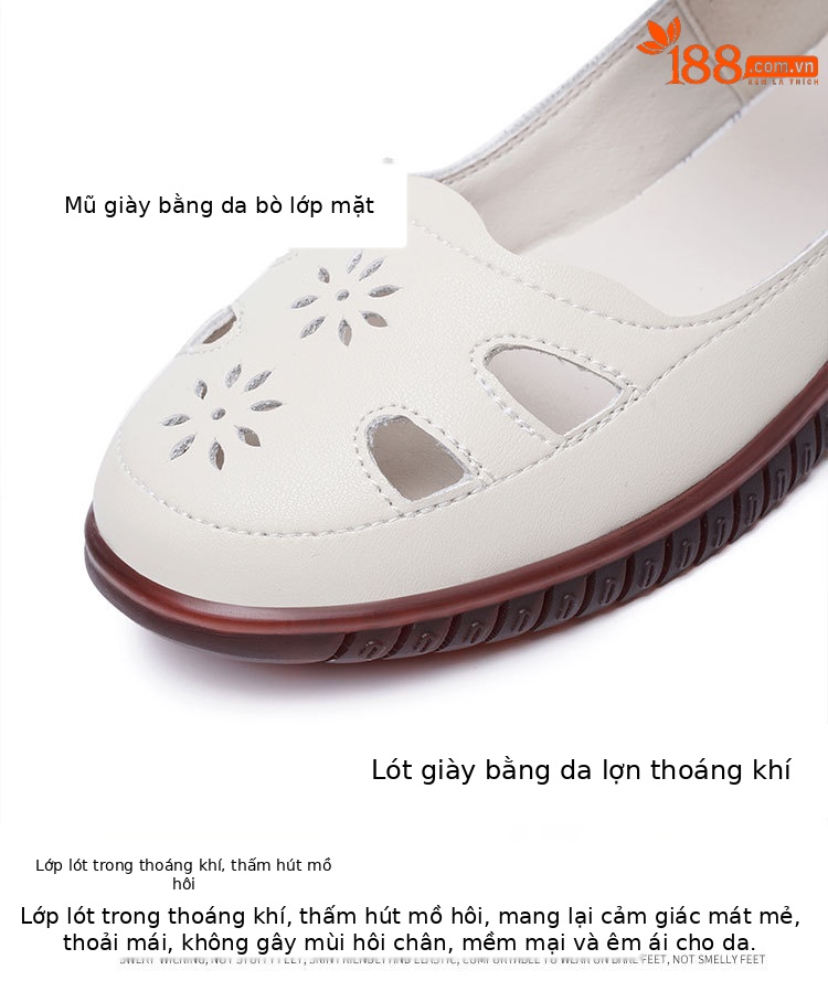 Sandal da thật nữ đế cao su bệt thoáng khí, phong cách thoải mái cho mẹ — màu đen chi tiết 4