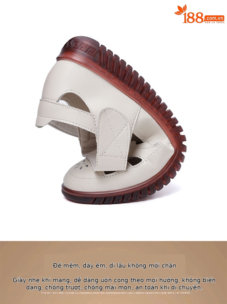 Sandal da thật nữ đế cao su bệt thoáng khí, phong cách thoải mái cho mẹ — màu đen chi tiết 5