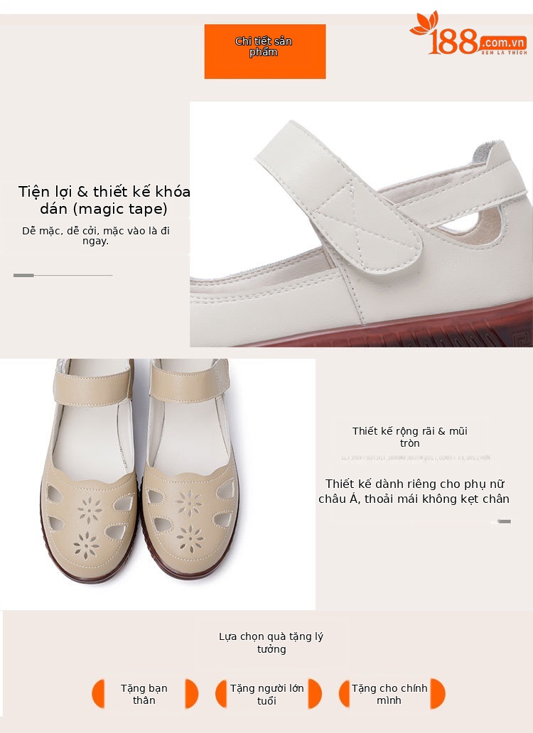 Sandal da thật nữ đế cao su bệt thoáng khí, phong cách thoải mái cho mẹ — màu đen chi tiết 7