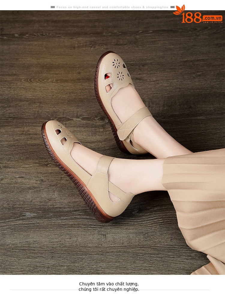 Sandal da thật nữ đế cao su bệt thoáng khí, phong cách thoải mái cho mẹ — màu đen chi tiết 10