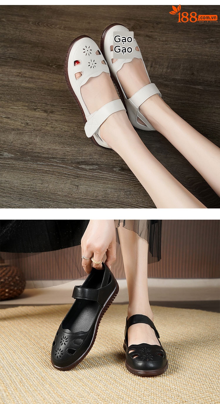 Sandal da thật nữ đế cao su bệt thoáng khí, phong cách thoải mái cho mẹ — màu đen chi tiết 12