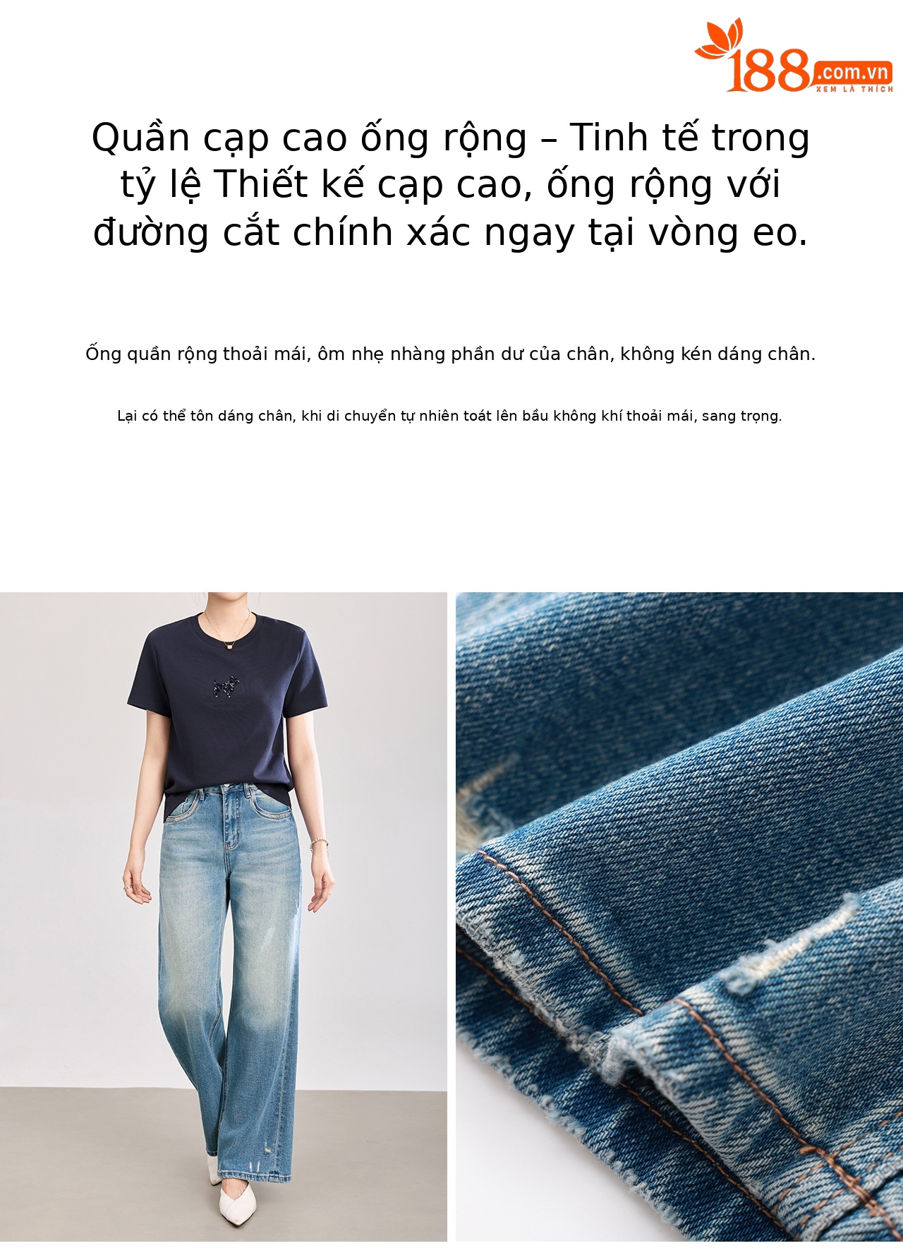 Quần jean nữ ống rộng cạp cao hiệu ứng mài rách phong cách vintage — xanh lam chi tiết 8