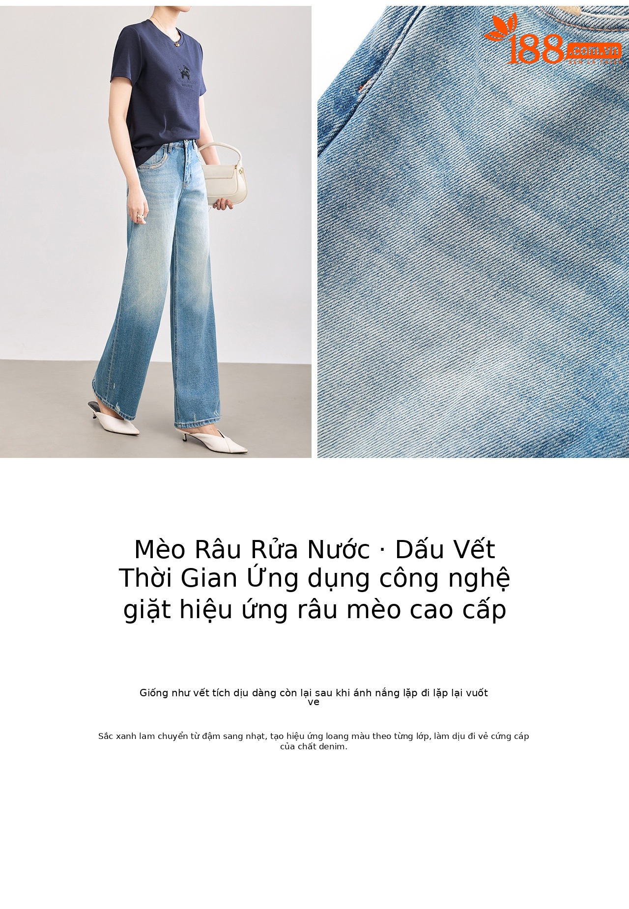 Quần jean nữ ống rộng cạp cao hiệu ứng mài rách phong cách vintage — xanh lam chi tiết 10