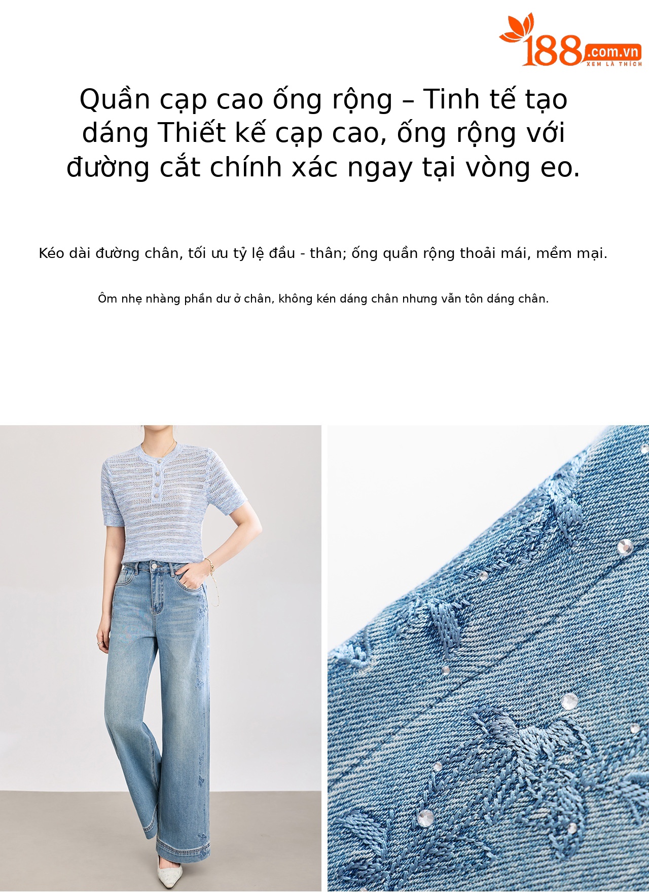 Quần jean nữ ống rộng chất liệu cotton phối lụa, thêu bướm đính kim cương — xanh lam chi tiết 8