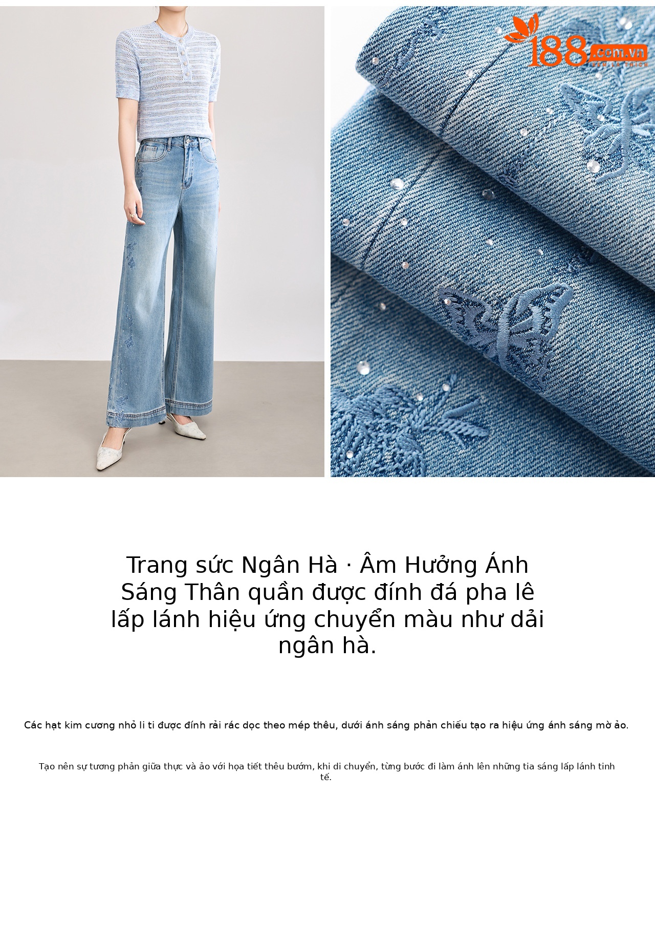 Quần jean nữ ống rộng chất liệu cotton phối lụa, thêu bướm đính kim cương — xanh lam chi tiết 10