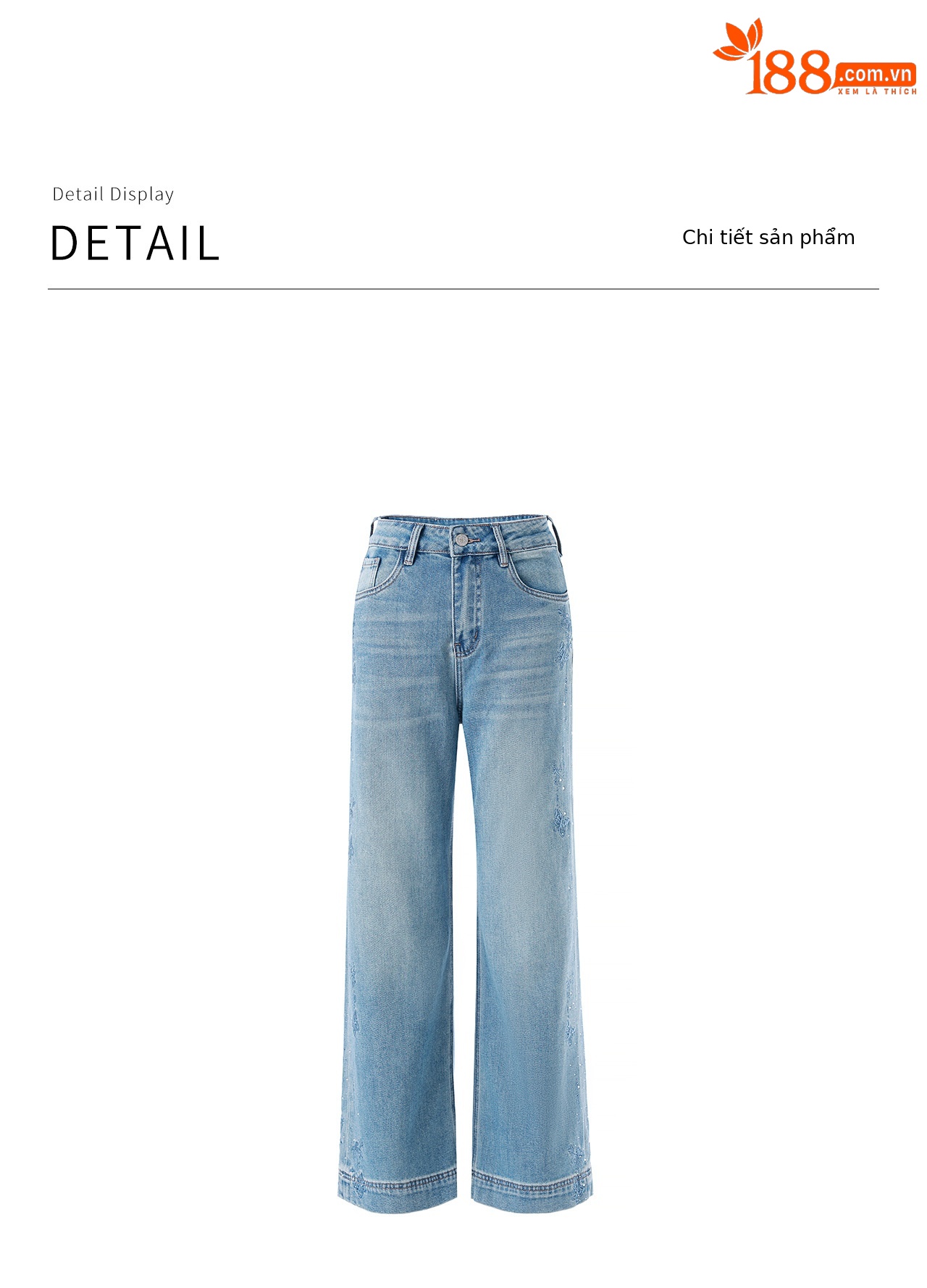 Quần jean nữ ống rộng chất liệu cotton phối lụa, thêu bướm đính kim cương — xanh lam chi tiết 27