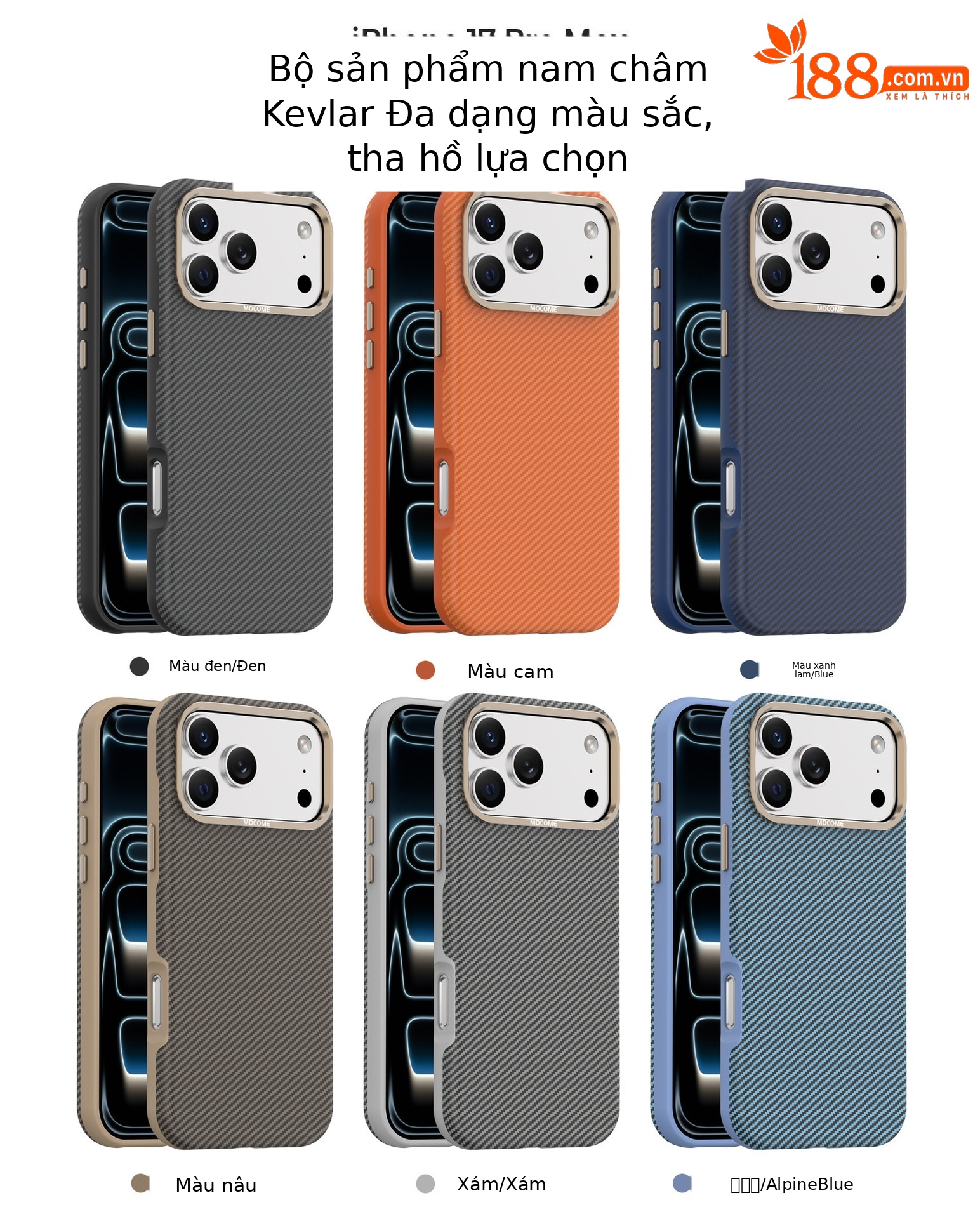 Ốp lưng iPhone chống sốc sợi Kevlar nam châm MagSafe vòng kim loại bảo vệ camera — Cam, Đen, Xám, Xanh đậm chi tiết 1