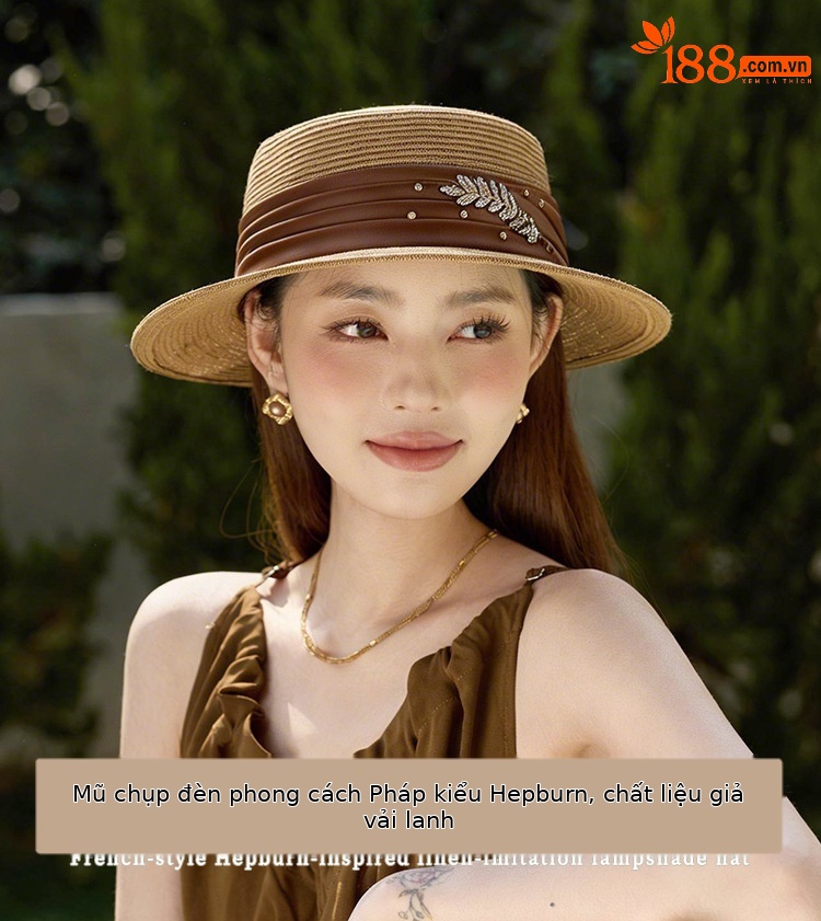 Mũ rơm cổ điển nữ vành phẳng phong cách Hepburn, có dây lụa, chống nắng — màu be chi tiết 1