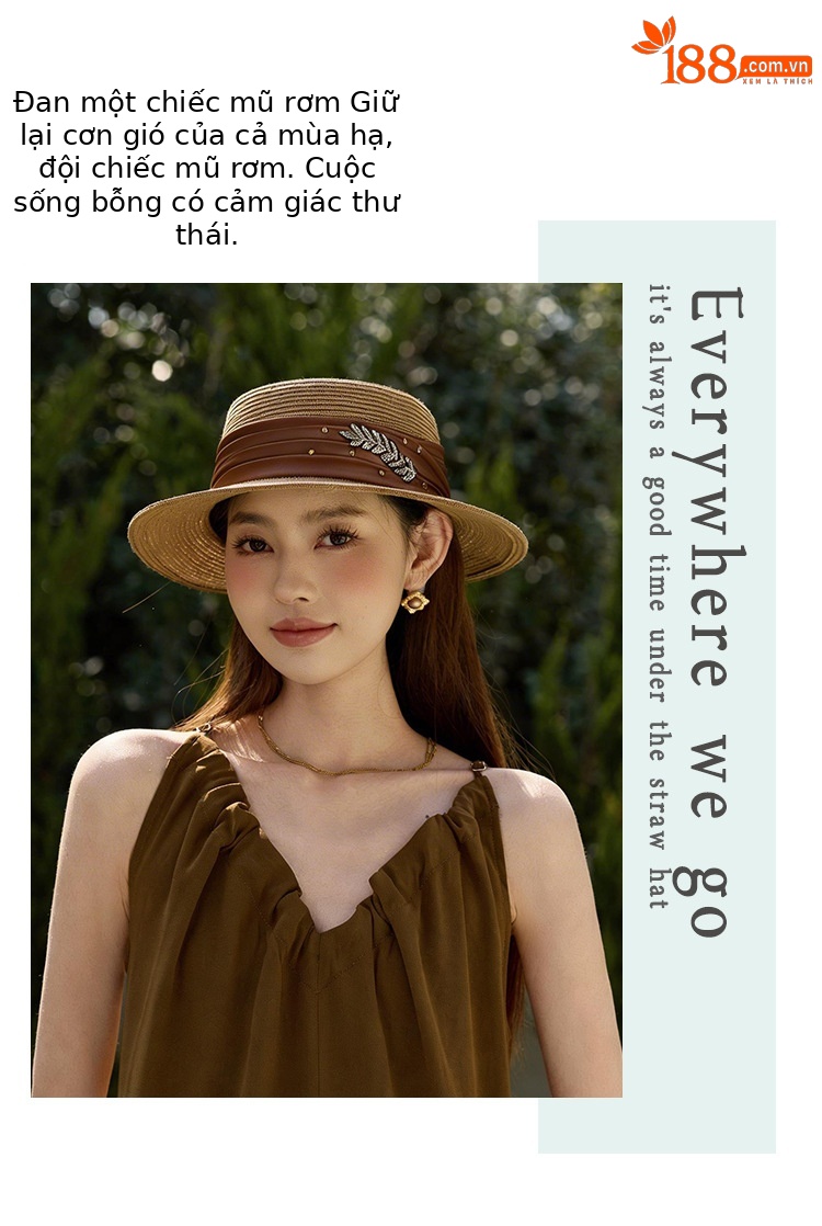 Mũ rơm cổ điển nữ vành phẳng phong cách Hepburn, có dây lụa, chống nắng — màu be chi tiết 5