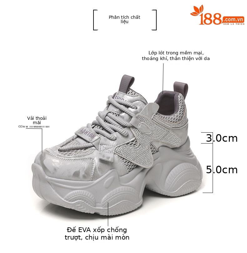 Giày sneaker nữ đế dày tăng chiều cao lưới thoáng khí — màu be chi tiết 3