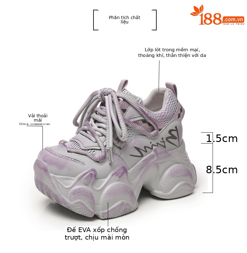 Giày sneaker nữ chunky đế dày tăng chiều cao 10 cm phong cách thể thao — màu trắng chi tiết 3