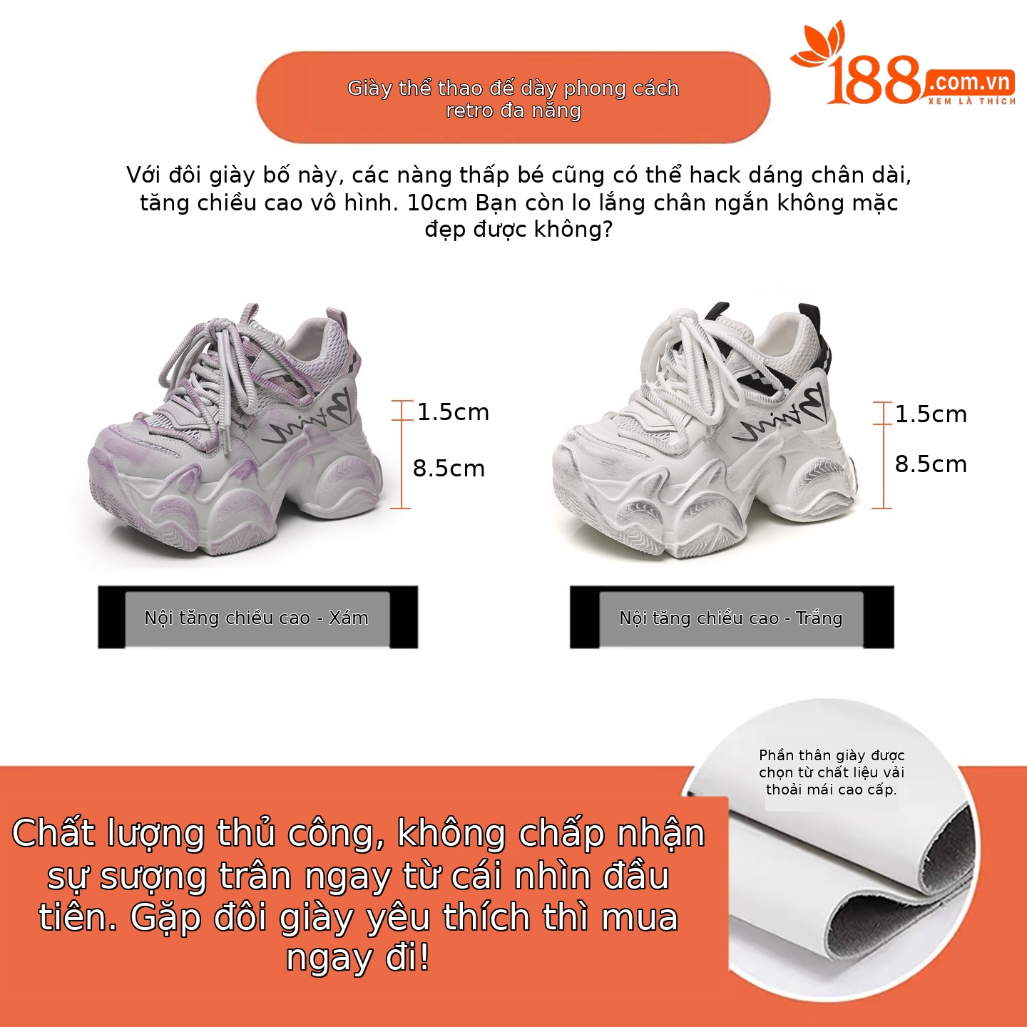 Giày sneaker nữ chunky đế dày tăng chiều cao 10 cm phong cách thể thao — màu trắng