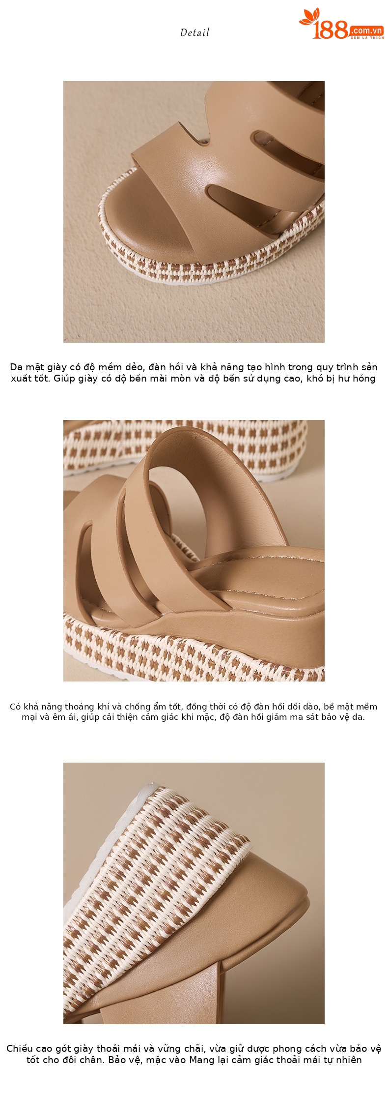 Dép sandal nữ quai chữ V đế xuồng cao gót 5 cm da PU mềm mại — màu đen, màu nâu nhạt, Trắng kem- chi tiết 4