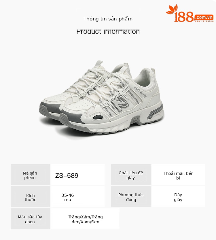Giày sneaker nam đế dày phong cách thể thao thoáng khí — 589 Đen Trắng chi tiết 17