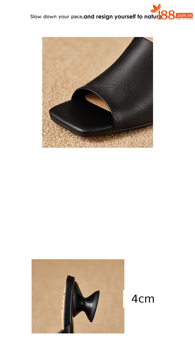 Sandal cao gót nữ da cừu mũi hở gót vuông 4 cm — đen chi tiết 2