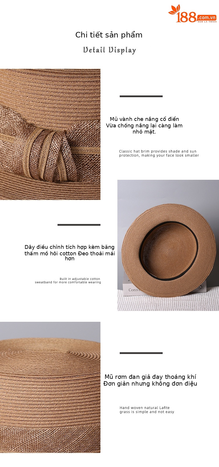Mũ rơm nữ đi biển vành rộng che nắng, đan cỏ tự nhiên, phong cách du lịch — màu nâu chi tiết 3