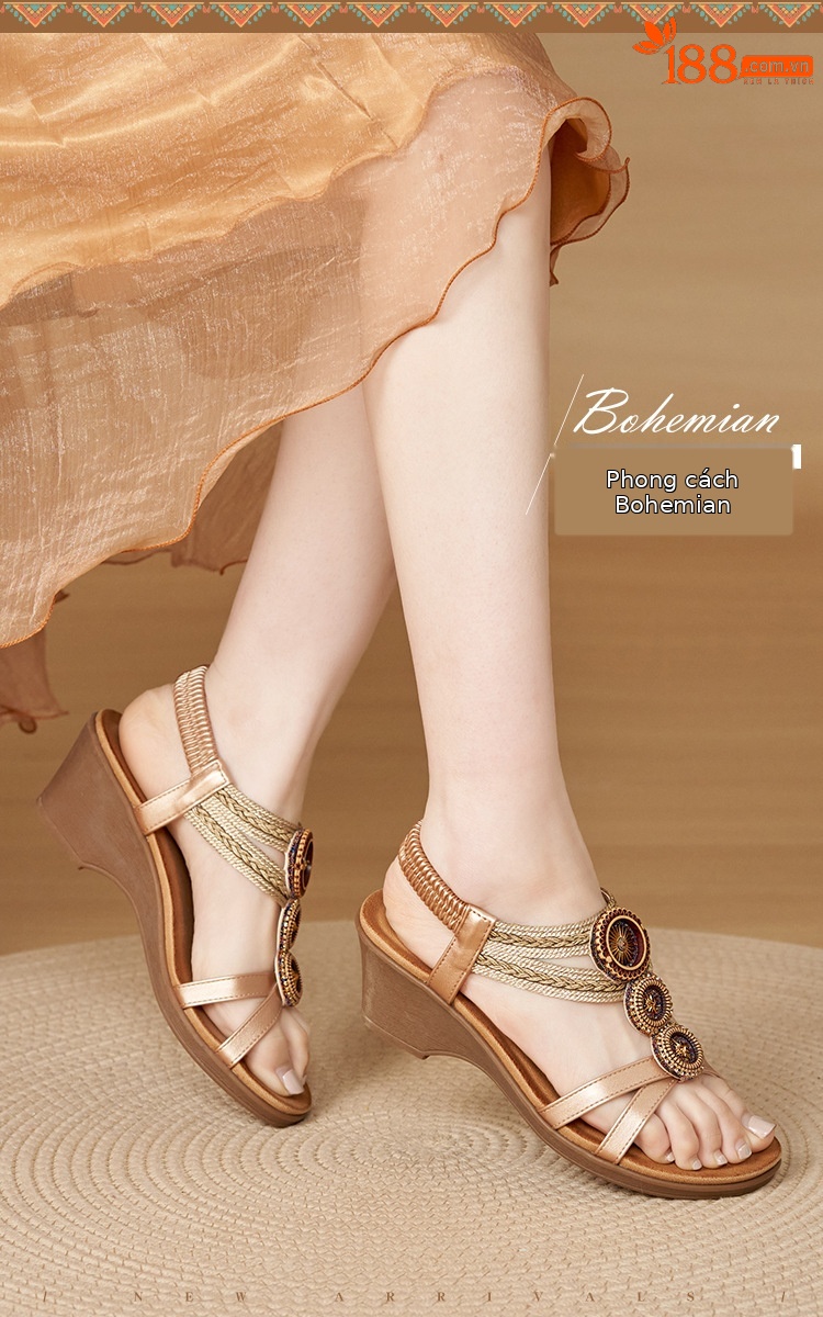 Sandal cao gót nữ phong cách Bohemian đế xuồng, đính đá và dệt kim loại, quai ngang — Champagne màu, màu đen, màu vàng chi tiết 1
