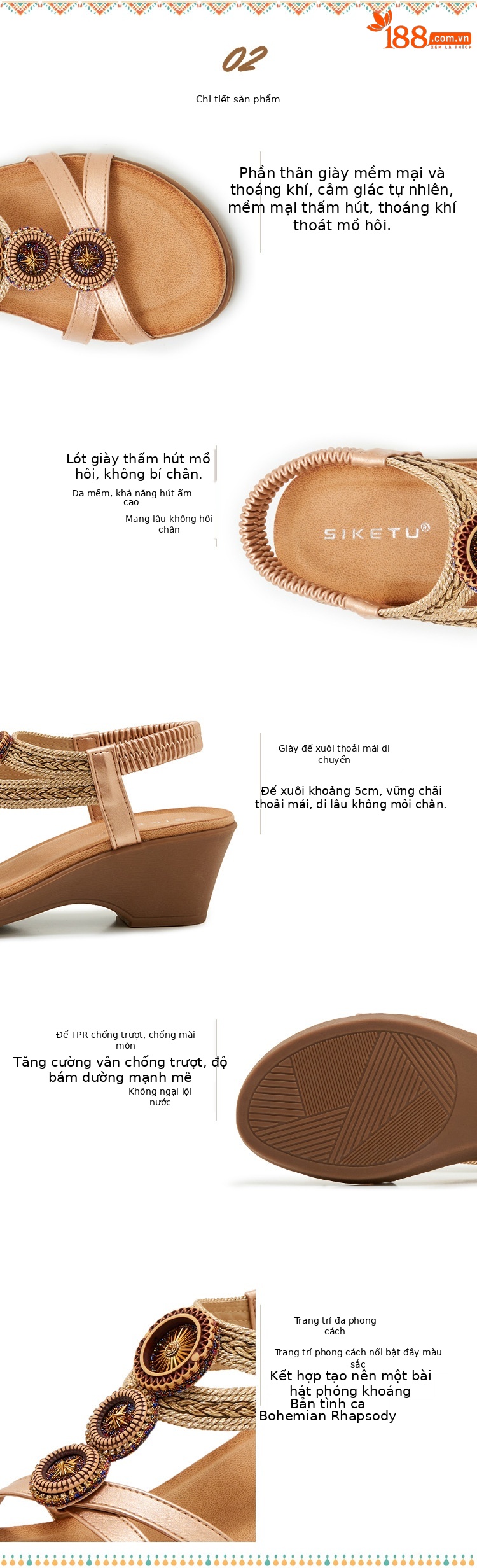 Sandal cao gót nữ phong cách Bohemian đế xuồng, đính đá và dệt kim loại, quai ngang — Champagne màu, màu đen, màu vàng chi tiết 3