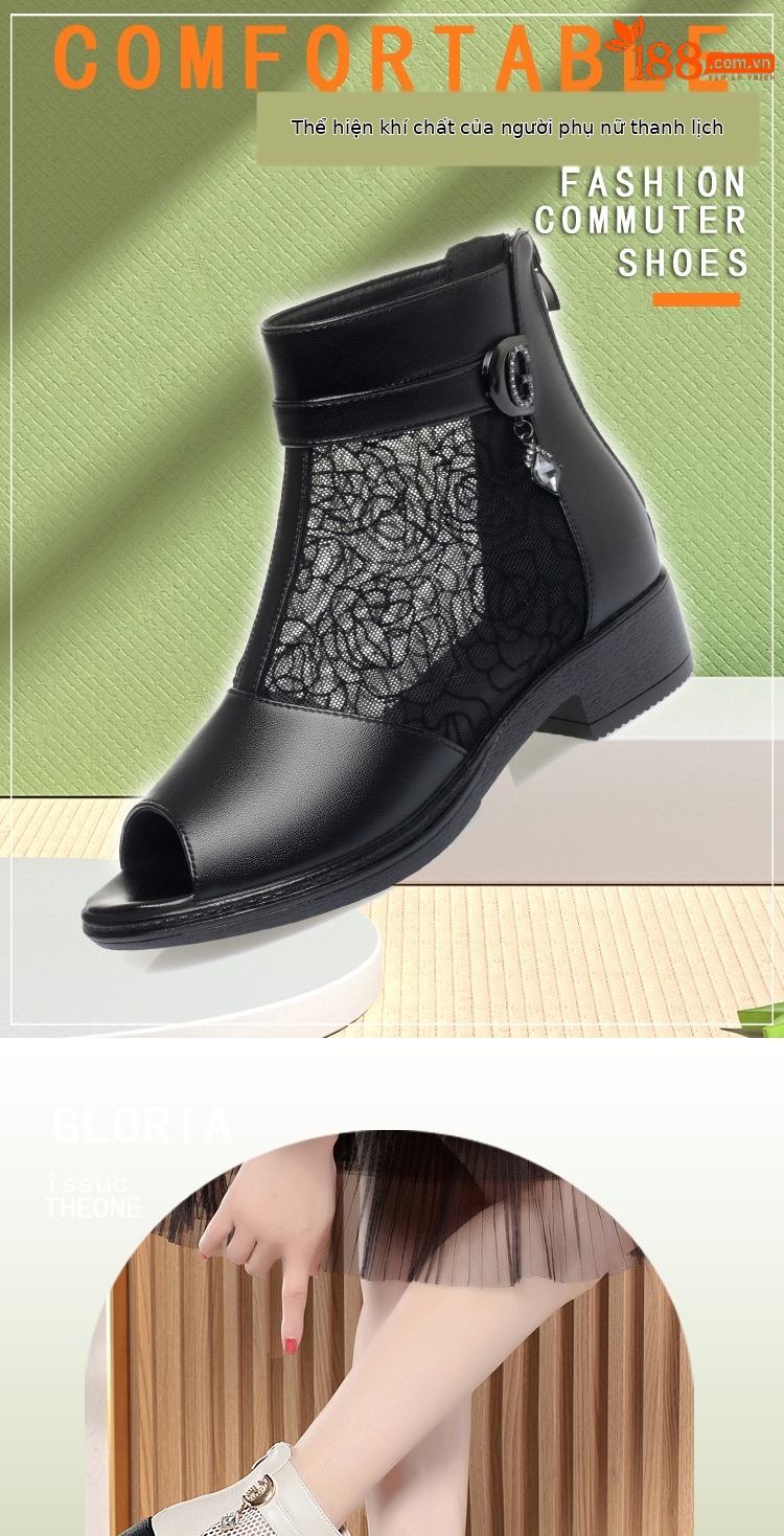 Giày sandal cao gót nữ hở mũi da thật lưới thoáng khí, gót thô ổn định, đế mềm — Đen/mũi hở chi tiết 1